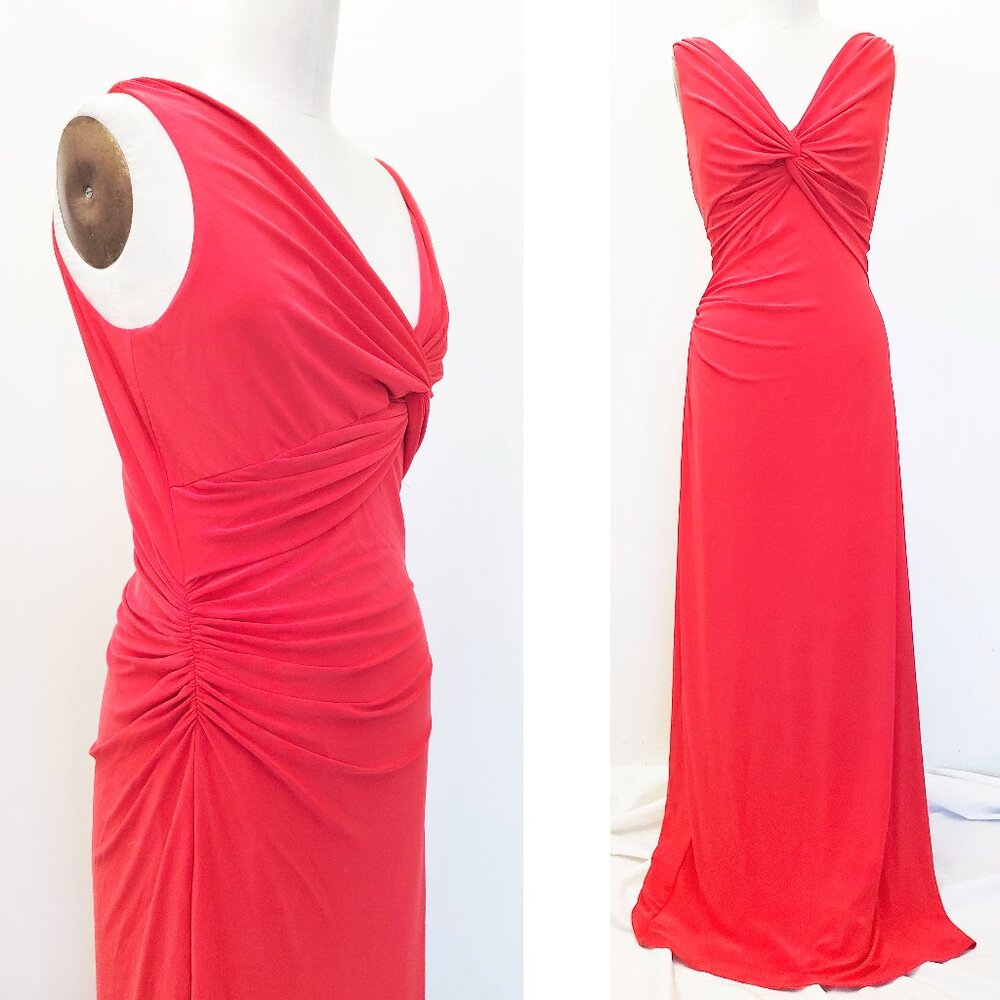 Lauren Ralph Lauren Evening Womens Red Stretch Jersey Gown Pleating Maxi Dress